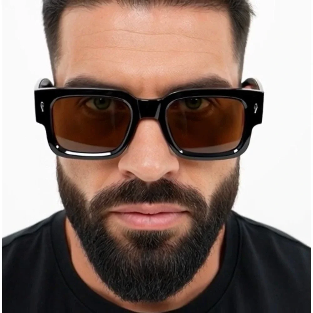 Black Rectangular Sunglasses Amber Brown Lenses Men's Fashion Eyewear UV Protect